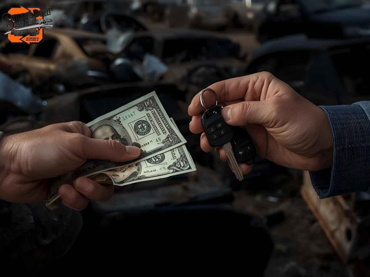 Cash money being exchanged for junk car keys at Square Deal Auto Salvage
